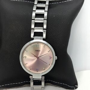 Timex‎ Womens Pink Dial Stainless Steel Bracelet Watch crystals analog Silver